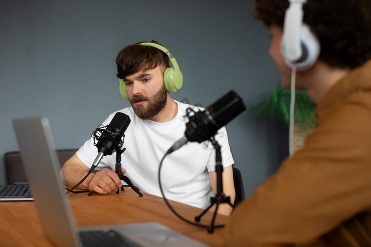 Zwei Personen bei einer professionellen Podcast-Aufnahme mit Kondensatormikrofonen